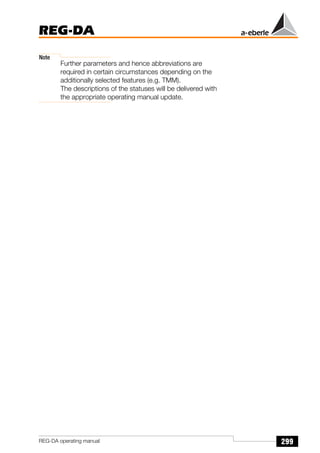 299
REG-DA
REG-DA operating manual
Note
Further parameters and hence abbreviations are
required in certain circumstances depending on the
additionally selected features (e.g. TMM).
The descriptions of the statuses will be delivered with
the appropriate operating manual update.
 