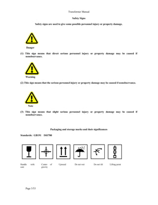 Transformer Manual
Page 3/53
Safety Signs
Safety signs are used to give some possible personnel injury or property damage.
Danger
(1) This sign means that direct serious personnel injury or property damage may be caused if
nonobservance.
Warning
(2) This sign means that the serious personnel injury or property damage may be caused if nonobservance.
Note
(3) This sign means that slight serious personnel injury or property damage may be caused if
nonobservance.
Packaging and storage marks and their significances
Standards: GB191 ISO780
Handle with
care
Center of
gravity
Upward Do not wet Do not tilt Lifting point
 
