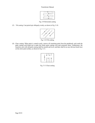 Transformer Manual
Page 29/53
Fig. 3-9 Horizontal coating
(3) Tilt coating. Coat paint layer obliquely evenly, as shown in Fig. 3-10.
Fig. 3-10 Tilt coating
(4) Clear coating. When paint is coated evenly, remove all remaining paint from the paintbrush, and comb the
paint coating with brush tip to make the whole paint coating even and consistent shiny. Furthermore, the
transition area with old paint coating shall be smooth and level, and there shall be no any obvious brush trace
on the entire paint surface, as shown in Fig. 3-11.
Fig. 3-11 Clear coating
 