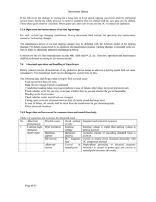 Transformer Manual
Page 49/53
If the off-circuit tap changer is running for a long time at fixed speed, tapping conversion shall be preformed
several times during the whole process, to remove oxidation film on contact and the new gear can be shifted.
Three-phase gears must be consistent. When gears lock after conversion, test the DC resistance for operation.
5.3.6 Operation and maintenance of on-load tap change
For each on-load tap changing transformer, factory documents shall include the operation and maintenance
manual of on-load tap changer.
The maintenance period of on-load tapping changer may be different with the different model of the tapping
changer. For details, please refer to its operation and maintenance manual. Tapping changes is mounted in the on-
line oil filter, to effectively extend its maintenance period.
Common on-line oil filter manufactures include MR, ABB and PALL etc. Therefore, operation and maintenance
shall be performed according to the selected model.
5.4 Abnormal operation and handling of transformer
During running process of transformer, if any protective device issues an alarm or a tipping signal, find out cause
immediately. The transformer itself may be damaged or system fails for this.
The following data shall be provided to help to find out fault cause:
• Fault occurrence date and time;
• Data of over-voltage protective equipment
• Transformer loading status; non-load switching in case of failure; other relays in power grid do not act;
• Check whether oil in the gas relay is normal, whether there is gas and whether the gas is flammable;
• Reading on the thermometer
• Check whether cooler and oil tank are damaged
• Casing, tank cover and oil conservator are free of clearly visual discharge trace;
• In case of failure, oil sample shall be taken from the transformer for gas chromatography.
• Other abnormal situations
5.4.1 Inspection and treatment for common abnormal sound from body
Table 5-6 Inspection and treatment for abnormal noise
No. Abnormal
phenomenon
Possible cause Check method
or part
Judgment and treatment measures
1 Continue high-
frequency
sharp sound
Over excitation Running
voltage
Running voltage is higher than tapping voltage at
tapping position
Harmonic
current
Harmonic
analysis
Harmonic current of exceeding standard value is
allowed
DC current DC magnetic
bias
Current at neutral point increased obviously, with
DC component allowed
Abnormal
system
Current at
neutral point
Single-phase grounding or electrical magnetic
resonance is caused in power grid and current at
neutral point increases obviously
 
