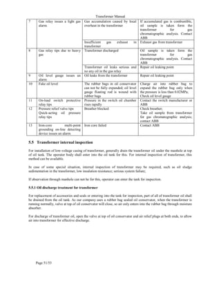 Transformer Manual
Page 51/53
7 Gas relay issues a light gas
alarm
Gas accumulation caused by local
overheat in the transformer
If accumulated gas is combustible,
oil sample is taken form the
transformer for gas
chromatographic analysis. Contact
ABB
Insufficient gas exhaust in
transformer
Exhaust gas from transformer
8 Gas relay tips due to heavy
gas
Transformer discharged Oil sample is taken form the
transformer for gas
chromatographic analysis. Contact
ABB
Transformer oil leaks serious and
no any oil in the gas relay
Repair oil leaking point
9 Oil level gauge issues an
alarm
Oil leaks from the transformer Repair oil leaking point
10 Fake oil level The rubber bags in oil conservator
can not be fully expanded; oil level
gauge floating rod is wound with
rubber bags
Charge air into rubber bag to
expand the rubber bag only when
the pressure is less than 0.02MPa;
Check oil level gauge
11 On-load switch protective
relay tips
Pressure in the switch oil chamber
rises rapidly
Contact the switch manufacturer or
ABB
12 Pressure relief valve tips
Quick-acting oil pressure
relay tips
Breather blocked Check breather;
Take oil sample from transformer
for gas chromatographic analysis;
contact ABB
13 Iron-core multi-point
grounding on-line detecting
device issues an alarm
Iron core failed Contact ABB
5.5 Transformer internal inspection
For installation of low-voltage casing of transformer, generally drain the transformer oil under the manhole at top
of oil tank. The operator body shall enter into the oil tank for this. For internal inspection of transformer, this
method can be available.
In case of some special situation, internal inspection of transformer may be required, such as oil sludge
sedimentation in the transformer, low insulation resistance; serious system failure;
If observation through manhole can not be for this, operator can enter the tank for inspection.
5.5.1 Oil discharge treatment for transformer
For replacement of accessories and seals or entering into the tank for inspection, part of all of transformer oil shall
be drained from the oil tank. As our company uses a rubber bag sealed oil conservator, when the transformer is
running normally, valve at top of oil conservator will close, so air only enters into the rubber bag through moisture
absorber.
For discharge of transformer oil, open the valve at top of oil conservator and air relief plugs at both ends, to allow
air into transformer for effective discharge.
 