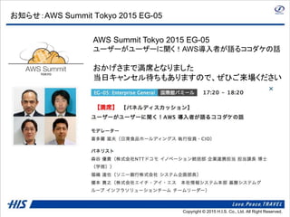 Copyright © 2014 H.I.S. Co., Ltd. All Right Reserved.Copyright © 2015 H.I.S. Co., Ltd. All Right Reserved.
お知らせ：AWS Summit...