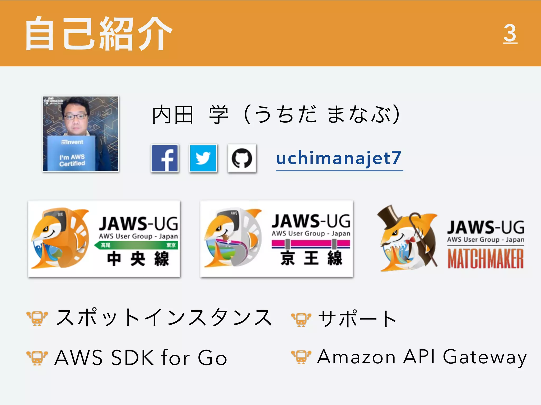 自己紹介
内田 学（うちだ まなぶ）
uchimanajet7
スポットインスタンス
AWS SDK for Go
3
サポート
Amazon API Gateway
 