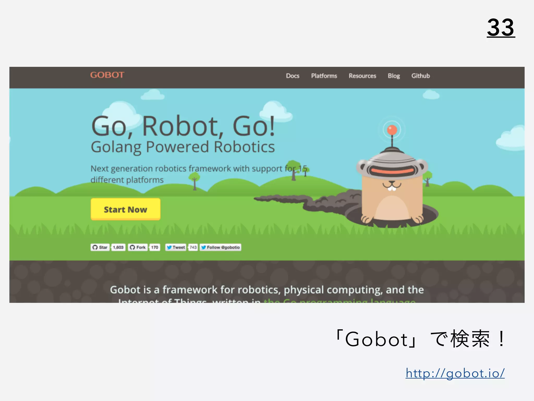 33
「Gobot」で検索！
http://gobot.io/
 