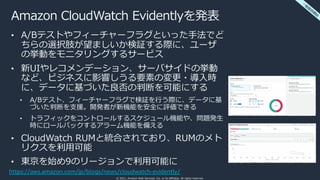 © 2021, Amazon Web Services, Inc. or its affiliates. All rights reserved.
Amazon CloudWatch Evidentlyを発表
• A/Bテストやフィーチャーフラグといった⼿法でど
ちらの選択肢が望ましいか検証する際に、ユーザ
の挙動をモニタリングするサービス
• 新UIやレコメンデーション、サーバサイドの挙動
など、ビジネスに影響しうる要素の変更・導⼊時
に、データに基づいた良否の判断を可能にする
• A/Bテスト、フィーチャーフラグで検証を⾏う際に、データに基
づいた判断を⽀援。開発者が新機能を安全に評価できる
• トラフィックをコントロールするスケジュール機能や、問題発⽣
時にロールバックするアラーム機能を備える
• CloudWatch RUMと統合されており、RUMのメト
リクスを利⽤可能
• 東京を始め9のリージョンで利⽤可能に
⼀
般
提
供
開
始
https://aws.amazon.com/jp/blogs/news/cloudwatch-evidently/
 