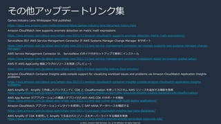 © 2021, Amazon Web Services, Inc. or its affiliates. All rights reserved.
その他アップデートリンク集
Games Industry Lens Whitepaper first published.
https://docs.aws.amazon.com/wellarchitected/latest/games-industry-lens/document-history.html
Amazon CloudWatch now supports anomaly detection on metric math expressions
https://aws.amazon.com/about-aws/whats-new/2021/11/amazon-cloudwatch-supports-anomaly-detection-metric-math-expressions/
ServiceNow 向け AWS Service Management Connector が AWS Systems Manager Change Manager をサポート
https://aws.amazon.com/jp/about-aws/whats-new/2021/11/aws-service-management-connector-servicenow-supports-aws-systems-manager-change-
manager/
AWS Service Management Connector は、 ServiceNow のガイド付きセットアップで簡単にインストール
https://aws.amazon.com/jp/about-aws/whats-new/2021/11/aws-service-management-connector-installation-easier-servicenow-guided-setup/
AWS が AWS AppConfig 機能フラグのリリースを発表 (プレビュー)
https://aws.amazon.com/jp/about-aws/whats-new/2021/11/aws-appconfig-feature-flags-preview/
Amazon CloudWatch Container Insights adds console support for visualizing workload issues and problems via Amazon CloudWatch Application Insights
problems
https://aws.amazon.com/about-aws/whats-new/2021/11/amazon-cloudwatch-container-insights-console-amazon-cloudwatch-application-insights-
problems/
AWS Amplify が、Amplify で作成したバックエンドに CDK と CloudFormation を使ってカスタム AWS リソースを追加する機能を発表
https://aws.amazon.com/jp/about-aws/whats-new/2021/11/aws-amplify-custom-aws-resources-amplify-created-backends-cdk-cloudformation/
AWS App Runner がアプリケーションの構築とデプロイのための AWS CDK のサポートを開始
https://aws.amazon.com/jp/about-aws/whats-new/2021/11/aws-app-runner-aws-cdk-build-deploy-applications/
Amazon CloudWatch アプリケーションインサイトを使⽤して SAP HANA データベースを確認する
https://aws.amazon.com/jp/about-aws/whats-new/2021/11/amazon-cloudwatch-insights-sap-hana-databases/
AWS Amplify が CDK を使⽤して Amplify で⽣成されたリソースをオーバーライドする機能を発表
https://aws.amazon.com/jp/about-aws/whats-new/2021/11/aws-amplify-override-amplify-generated-resources-cdk/
 