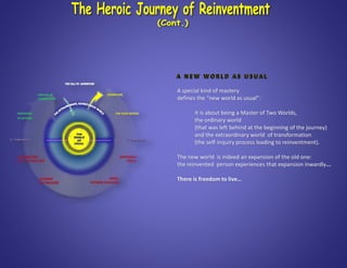 A special kind of mastery
defines the “new world as usual”:
It is about being a Master of Two Worlds,
the ordinary world
(that was left behind at the beginning of the journey)
and the extraordinary world of transformation
(the self-inquiry process leading to reinventment).
The new world is indeed an expansion of the old one:
the reinvented person experiences that expansion inwardly...
There is freedom to live…
 