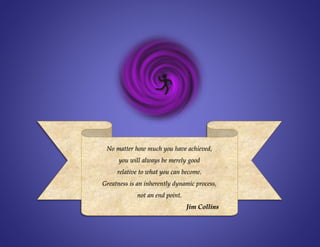 No matter how much you have achieved,
you will always be merely good
relative to what you can become.
Greatness is an inherently dynamic process,
not an end point.
Jim Collins
 