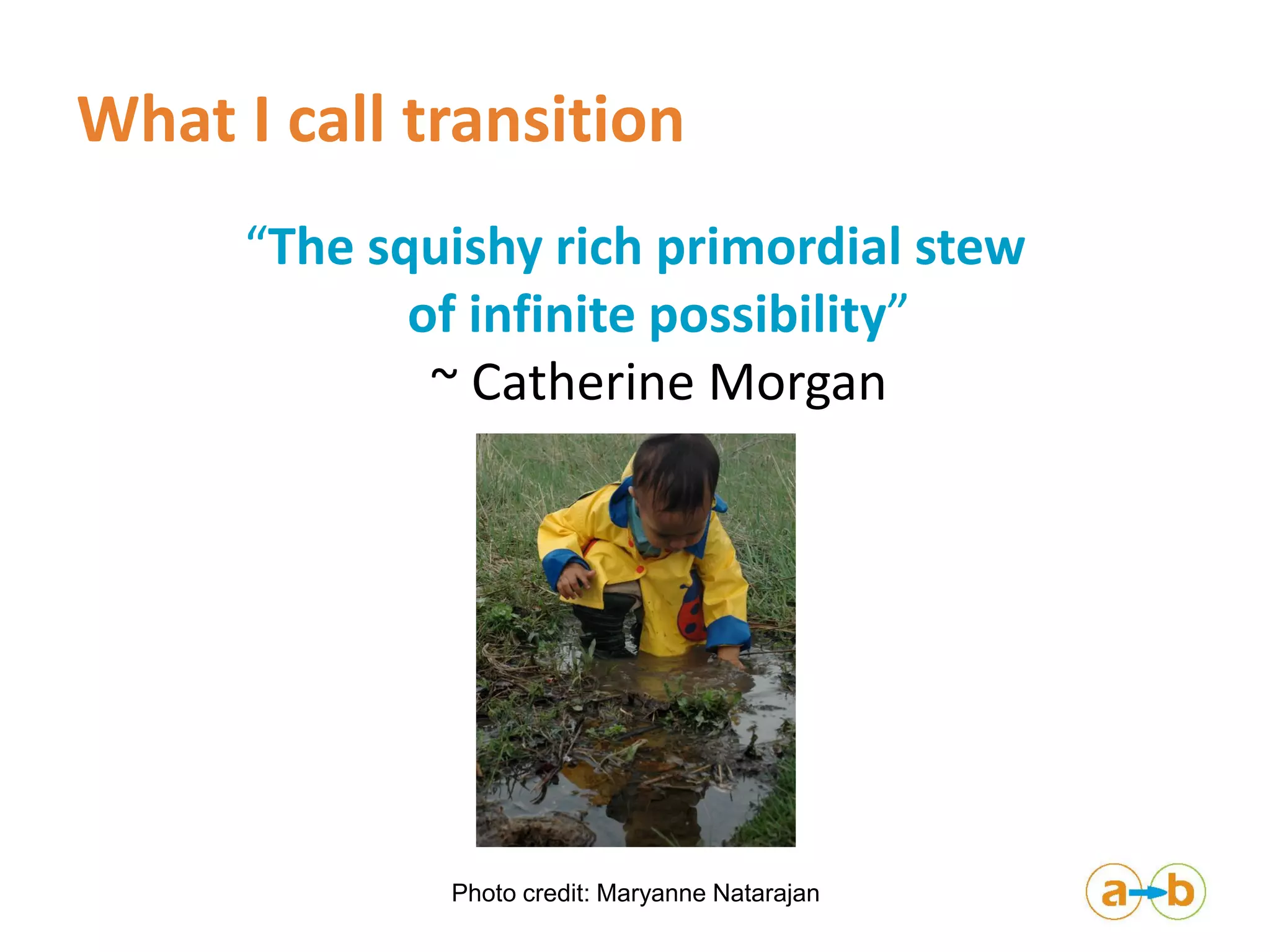 What I call transition
“The squishy rich primordial stew
of infinite possibility”
~ Catherine Morgan
Photo credit: Maryanne Natarajan
 