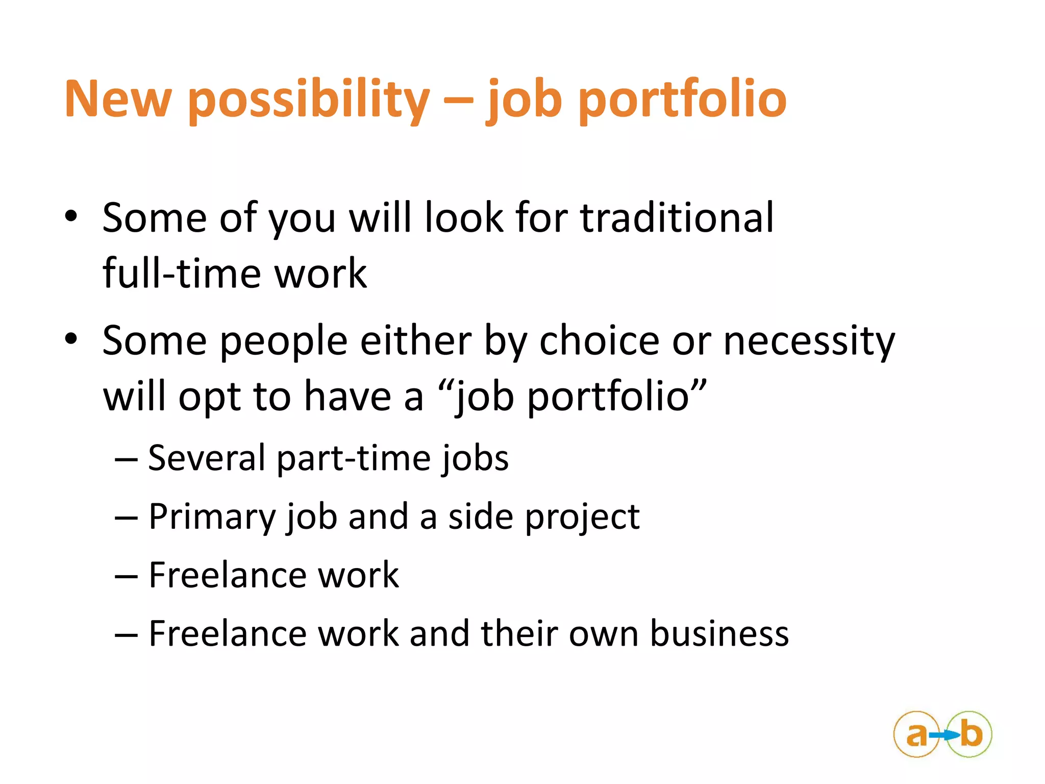 New possibility – job portfolio
• Some of you will look for traditional
full-time work
• Some people either by choice or necessity
will opt to have a “job portfolio”
– Several part-time jobs
– Primary job and a side project
– Freelance work
– Freelance work and their own business
 