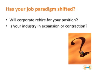 Has your job paradigm shifted?
• Will corporate rehire for your position?
• Is your industry in expansion or contraction?
 