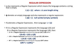 REGULAR EXPRESSION
• ε also represents a Regular Expression which means the language contains a string
that is empty.
L (ε) = {ε} where ε is zero length string
• φ denotes an empty language and also represents a regular expression.
L (φ) = {} null symbol (empty symbols)
• If a denotes a Regular Expression, then Language L = {a}
• If A is a Regular Expression represents the language L(A) and
B is a Regular Expression represents the language L(B), then
• A + B is a Regular Expression represents the language L(A) ∪ L(B) where
L(A+B) = L(A) ∪ L(B)
• A.B is a Regular Expression represents the language L(A). L(B) where
L (A.B) = L(A). L(B)
• RE* is a Regular Expression representing the language L(RE*) where
L(RE*) = (L(RE)) *
 