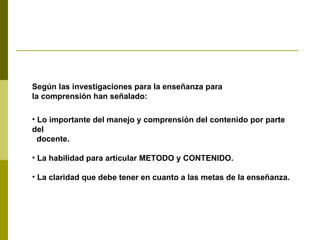 Según las investigaciones para la enseñanza para la comprensión han señalado: Lo importante del manejo y comprensión del contenido por parte del docente. La habilidad para articular METODO y CONTENIDO.  La claridad que debe tener en cuanto a las metas de la enseñanza.   
