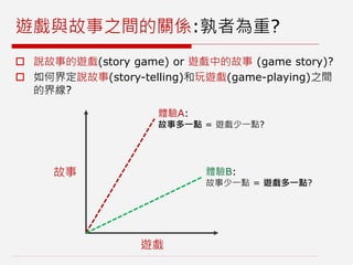 遊戲與故事之間的關係:孰者為重?
 說故事的遊戲(story game) or 遊戲中的故事 (game story)?
 如何界定說故事(story-telling)和玩遊戲(game-playing)之間
的界線?
故事
遊戲
體驗A:
故事多一點 = 遊戲少一點?
體驗B:
故事少一點 = 遊戲多一點?
 