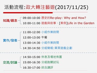 活動流程:政大轉注藝遊(2017/11/25)
09:00-10:00 歷史的Re-play: Why and How?
10:00-11:00 遊戲與敘事、[案例]Life in the Garden
知識/觀念
交流/討論
實作/發表
11:00-12:00 小組作業時間
12:00-13:00 午餐
13:00-14:30 小組作業時間
14:30-14:50 分組簡報:單頁遊戲企劃
14:50-15:00 休息及場地佈置
15:00-16:30 分組跑關試玩
16:30-17:00 綜合講評
 