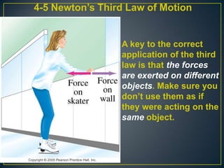 4-5 Newton’s Third Law of Motion

A key to the correct
application of the third
law is that the forces
are exerted on different
objects. Make sure you
don’t use them as if
they were acting on the
same object.

 