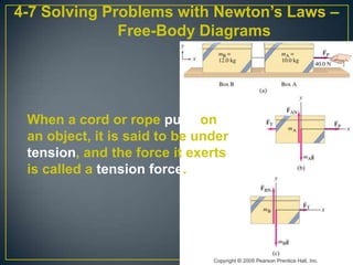 4-7 Solving Problems with Newton’s Laws –
Free-Body Diagrams

When a cord or rope pulls on
an object, it is said to be under
tension, and the force it exerts
is called a tension force.

 