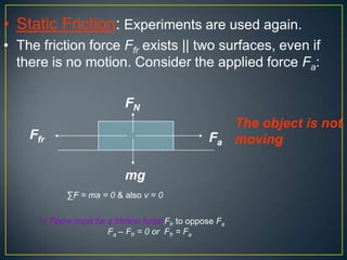 • Static Friction: Experiments are used again.
• The friction force Ffr exists || two surfaces, even if
there is no motion. Consider the applied force Fa:
FN
Ffr

Fa
mg
∑F = ma = 0 & also v = 0

 There must be a friction force Ffr to oppose Fa
Fa – Ffr = 0 or Ffr = Fa

The object is not
moving

 