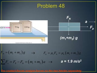 Problem 48
FN

Ffr

Fp
(m1+m2) g

FN   m1  m2  g



Ffr   k FN   k  m1  m2  g

 Fx  FP  Ffr   m1  m2  a 

a

a = 1.9 m/s2

For contact forces analyze forces on the two blocks separately.

 