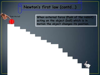 Newton’s first law (contd..)
Push the ball

When external force (Push of the rabbit)
acting on the object (ball) which is in
motion the object changes its position.

 