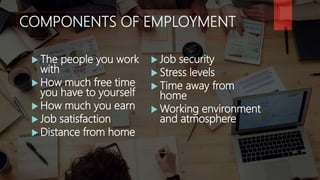 COMPONENTS OF EMPLOYMENT
 The people you work
with
 How much free time
you have to yourself
 How much you earn
 Job sa...