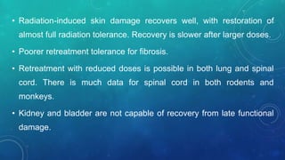 • Radiation-induced skin damage recovers well, with restoration of
almost full radiation tolerance. Recovery is slower after larger doses.
• Poorer retreatment tolerance for fibrosis.
• Retreatment with reduced doses is possible in both lung and spinal
cord. There is much data for spinal cord in both rodents and
monkeys.
• Kidney and bladder are not capable of recovery from late functional
damage.
 