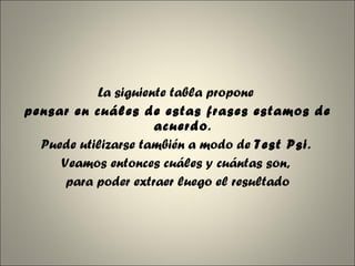 La siguiente tabla propone  pensar en cuáles de estas frases estamos de acuerdo .  Puede utilizarse también a modo de  Test Psi .  Veamos entonces cuáles y cuántas son,  para poder extraer luego el resultado 