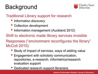Background
Traditional Library support for research
  • Information discovery
  • Collection development
  • Information m...