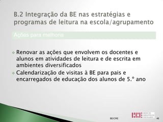 Ações para melhoria


 Renovar as ações que envolvem os docentes e
  alunos em atividades de leitura e de escrita em
  ambientes diversificados
 Calendarização de visitas à BE para pais e
  encarregados de educação dos alunos de 5.º ano




                                   BE/CRE           46
 