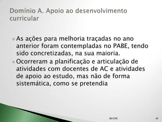 As  ações para melhoria traçadas no ano
  anterior foram contempladas no PABE, tendo
  sido concretizadas, na sua maioria.
 Ocorreram a planificação e articulação de
  atividades com docentes de AC e atividades
  de apoio ao estudo, mas não de forma
  sistemática, como se pretendia




                               BE/CRE          48
 