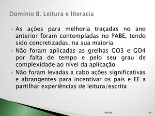    As ações para melhoria traçadas no ano
    anterior foram contempladas no PABE, tendo
    sido concretizadas, na sua maioria
   Não foram aplicadas as grelhas GO3 e GO4
    por falta de tempo e pelo seu grau de
    complexidade ao nível da aplicação
   Não foram levadas a cabo ações significativas
    e abrangentes para incentivar os pais e EE a
    partilhar experiências de leitura/escrita



                                  BE/CRE            50
 