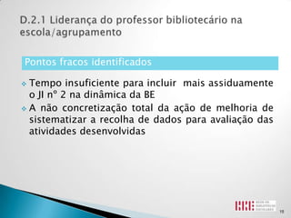 Pontos fracos identificados

 Tempo insuficiente para incluir mais assiduamente
  o JI nº 2 na dinâmica da BE
 A não concretização total da ação de melhoria de
  sistematizar a recolha de dados para avaliação das
  atividades desenvolvidas




                                                       15
 