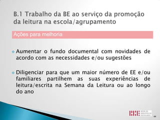 Ações para melhoria


   Aumentar o fundo documental com novidades de
    acordo com as necessidades e/ou sugestões

   Diligenciar para que um maior número de EE e/ou
    familiares partilhem as suas experiências de
    leitura/escrita na Semana da Leitura ou ao longo
    do ano



                                                       44
 