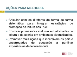 AÇÕES PARA MELHORIA
13




        Articular com os diretores de turma de forma
         sistemática para integrar estratégias de
         promoção da leitura nos PCT
        Envolver professores e alunos em atividades de
         leitura e de escrita em ambientes diversificados.
        Promover mais ações que incentivam os pais e
         encarregados de educação a partilhar
         experiências de leitura/escrita

                                    BE/CRE
 