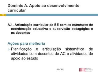 Domínio A. Apoio ao desenvolvimento
     curricular
16




     A.1. Articulação curricular da BE com as estruturas de
       coordenação educativa e supervisão pedagógica e
       os docentes


     Ações para melhoria
      Planificação  e articulação sistemática de
       atividades com docentes de AC e atividades de
       apoio ao estudo

                                   BE/CRE
 