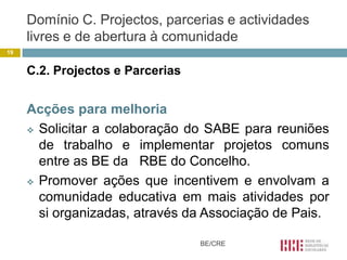 Domínio C. Projectos, parcerias e actividades
     livres e de abertura à comunidade
19


     C.2. Projectos e Parcerias


     Acções para melhoria
      Solicitar a colaboração do SABE para reuniões

       de trabalho e implementar projetos comuns
       entre as BE da RBE do Concelho.
      Promover ações que incentivem e envolvam a

       comunidade educativa em mais atividades por
       si organizadas, através da Associação de Pais.

                                  BE/CRE
 