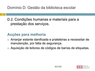 Domínio D. Gestão da biblioteca escolar
21


     D.2. Condições humanas e materiais para a
         prestação dos serviços.

     Acções para melhoria
        Arranjar estante danificada e prateleiras a necessitar de
         manutenção, por falta de segurança.
        Aquisição de leitores de códigos de barras de etiquetas.




                                        BE/CRE
 
