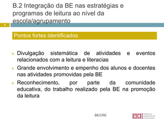 B.2 Integração da BE nas estratégias e
    programas de leitura ao nível da
5
    escola/agrupamento

    Pontos fortes identificados


       Divulgação sistemática de atividades e eventos
        relacionados com a leitura e literacias
       Grande envolvimento e empenho dos alunos e docentes
        nas atividades promovidas pela BE
       Reconhecimento,      por     parte      da comunidade
        educativa, do trabalho realizado pela BE na promoção
        da leitura


                                     BE/CRE
 