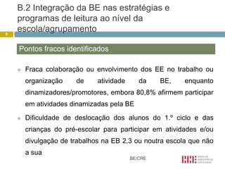 B.2 Integração da BE nas estratégias e
    programas de leitura ao nível da
6
    escola/agrupamento

    Pontos fracos identificados

       Fraca colaboração ou envolvimento dos EE no trabalho ou
        organização    de     atividade      da    BE,   enquanto
        dinamizadores/promotores, embora 80,8% afirmem participar
        em atividades dinamizadas pela BE

       Dificuldade de deslocação dos alunos do 1.º ciclo e das
        crianças do pré-escolar para participar em atividades e/ou
        divulgação de trabalhos na EB 2,3 ou noutra escola que não
        a sua
                                          BE/CRE
 