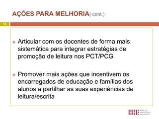 AÇÕES PARA MELHORIA( cont.)
15




        Articular com os docentes de forma mais
         sistemática para integrar estratégias de
         promoção de leitura nos PCT/PCG

        Promover mais ações que incentivem os
         encarregados de educação e famílias dos
         alunos a partilhar as suas experiências de
         leitura/escrita
 