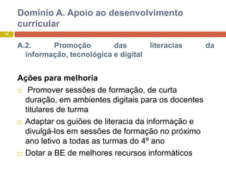 Domínio A. Apoio ao desenvolvimento
     curricular
18


     A.2.     Promoção         das       literacias      da
       informação, tecnológica e digital


     Ações para melhoria
      Promover sessões de formação, de curta

       duração, em ambientes digitais para os docentes
       titulares de turma
      Adaptar os guiões de literacia da informação e

       divulgá-los em sessões de formação no próximo
       ano letivo a todas as turmas do 4º ano
      Dotar a BE de melhores recursos informáticos
 