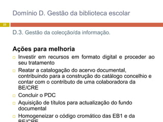 Domínio D. Gestão da biblioteca escolar
23


     D.3. Gestão da colecção/da informação.

     Ações para melhoria
        Investir em recursos em formato digital e proceder ao
         seu tratamento
        Reatar a catalogação do acervo documental,
         contribuindo para a construção do catálogo concelhio e
         contar com o contributo de uma colaboradora da
         BE/CRE
        Concluir o PDC
        Aquisição de títulos para actualização do fundo
         documental
        Homogeneizar o código cromático das EB1 e da
 