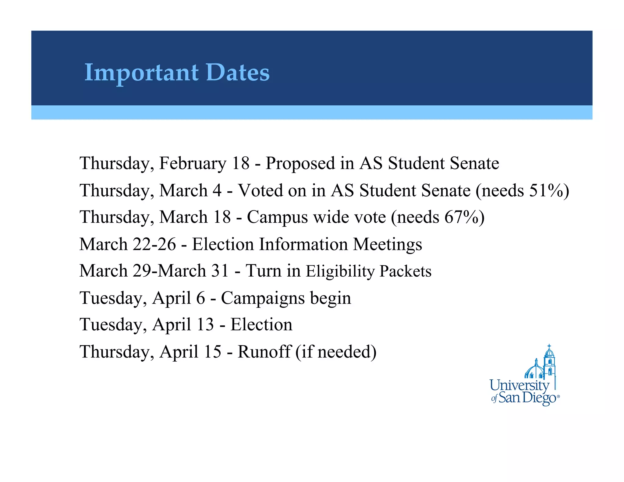 Important Dates!


Thursday, February 18 - Proposed in AS Student Senate
Thursday, March 4 - Voted on in AS Student Senate (needs 51%)
Thursday, March 18 - Campus wide vote (needs 67%)
March 22-26 - Election Information Meetings
March 29-March 31 - Turn in Eligibility Packets
Tuesday, April 6 - Campaigns begin
Tuesday, April 13 - Election
Thursday, April 15 - Runoff (if needed)
 