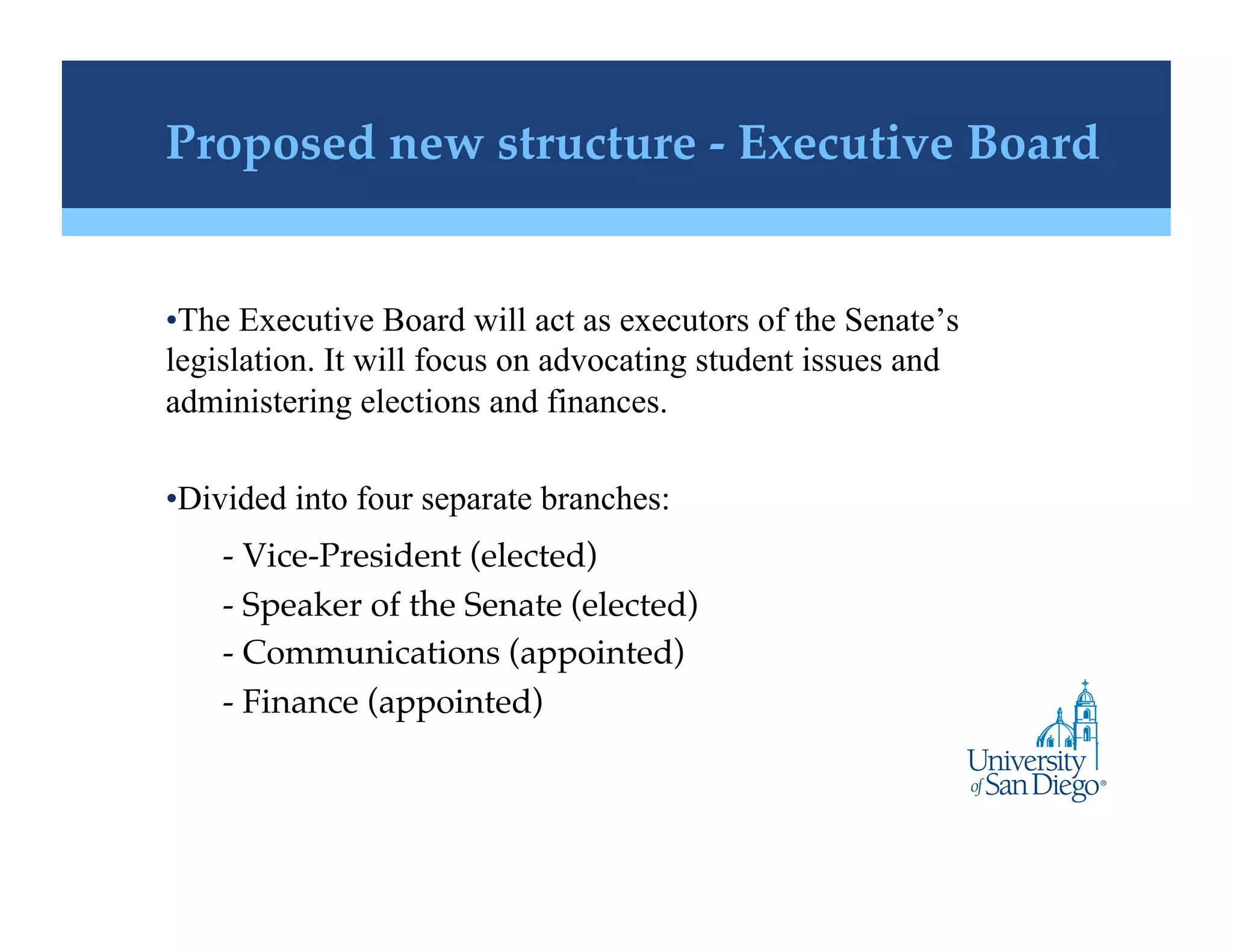 Proposed new structure - Executive Board!


• The Executive Board will act as executors of the Senate’s
legislation. It will focus on advocating student issues and
administering elections and finances.

• Divided into four separate branches:
    -  Vice-President (elected) !
    -  Speaker of the Senate (elected) !
    -  Communications (appointed) !
    -  Finance (appointed)!
 