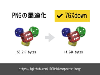 https://github.com/1000ch/compress-image
PNGの最適化
58,217 bytes 14,244 bytes
76%down
 