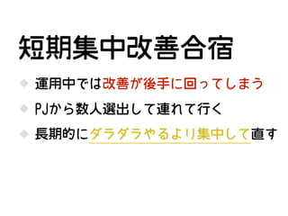 運用中では改善が後手に回ってしまう
PJから数人選出して連れて行く
短期集中改善合宿
長期的にダラダラやるより集中して直す
 