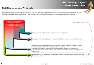 Re-Thinking “Lhyra”
                                                                                                             NETWORKING … now !
Building your own Network

Regardless of what people may say, there are very few managers and entrepreneurs who constructively and effectively build
their own Network. Many give in after a few attempts or do not even consider it as part of their business strategy



     These are the most common
        reactions to effective                                                                                             Success area !
      Networking, ranging from
          failure to success




                                             Hostile approach as it is regarded as a form of social manipulation




                                             Recognition of its value but inability / failure to allocate time to develop an effective Network




                                             Recognition of its value but ineffective / inconsistent attempts at devising a Network strategy
                                             - Lack of continuity. Failure to correctly prioritize networking
                                             - Attempts only finalized to short term, immediate solution. No long term plan in place
                                             - Inability to recognize others’ attempts to include in their own Network, thus missing valuable
                                             opportunities

                                             Recognitions and full utilization of Social Network resulting in tangible benefit to both carrier and
                                             business as a whole




3                                                             LHYRA @2007                                                                 RE-THINKING LHYRA 00.ENG
 