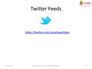Twitter Feeds



              https://twitter.com/zorainiwatiabas




13 Feb 2013         USBI Academic Seminar 1/2013 (ZW Abas)   45
 