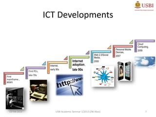 ICT Developments

                                                                                                      Cloud
                                                                                                      Computing,
                                                                                    Personal Mobile   2009
                                                                                    Devices,
                                                                   Web 2.0/Social   2007
                                                                   Media,
                                                 Internet          2000
                              Internet,          adoption,
                First PCs,
                              early 90s          late 90s
                late 70s
First
mainframe ,
WWII




  13 Feb 2013                      USBI Academic Seminar 1/2013 (ZW Abas)                                    7
 