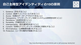1. Existence（存在すること）
2. Control（自身でコントロールできること）
3. Access（自身のデータへアクセスできること）
4. Transparency（アイデンティティを扱うシステムは透明性を持つこと）
5. Persistence（永続性を持つこと）
6. Portability（可搬性を持つこと）
7. Interoperability（相互運用性を持つこと）
8. Consent（自身のアイデンティティの利用に同意をすること）
9. Minimalization（公開範囲を最小化すること）
10. Protection（ユーザの権利が保護されること）
自己主権型アイデンティティの10の原則
http://www.lifewithalacrity.com/2016/04/the-path-to-self-soverereign-identity.html
 